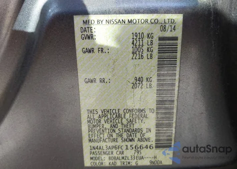 2015 Nissan Altima 2.5 Sv from USA, damaged, VIN 1N4AL3AP6FC156646